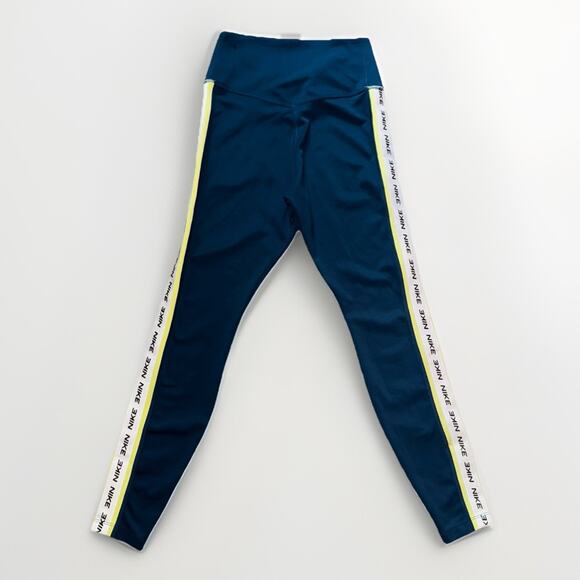 Nike Leggings XS Blue White Side Stripe Logo High Waist Ankle Pocket Tuxedo Gym - Picture 2 of 8